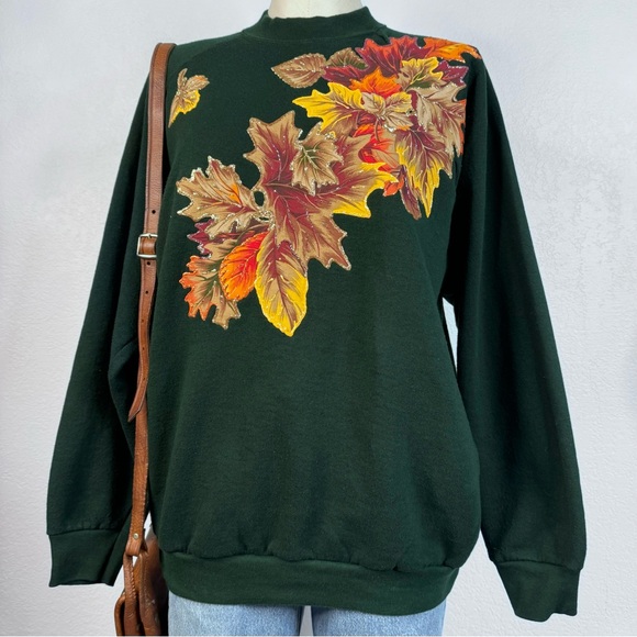 Vintage Fall Leaf Sweatshirt Green 90s XL Made in USA Autumn  Fruit of the Loom - Picture 1 of 6